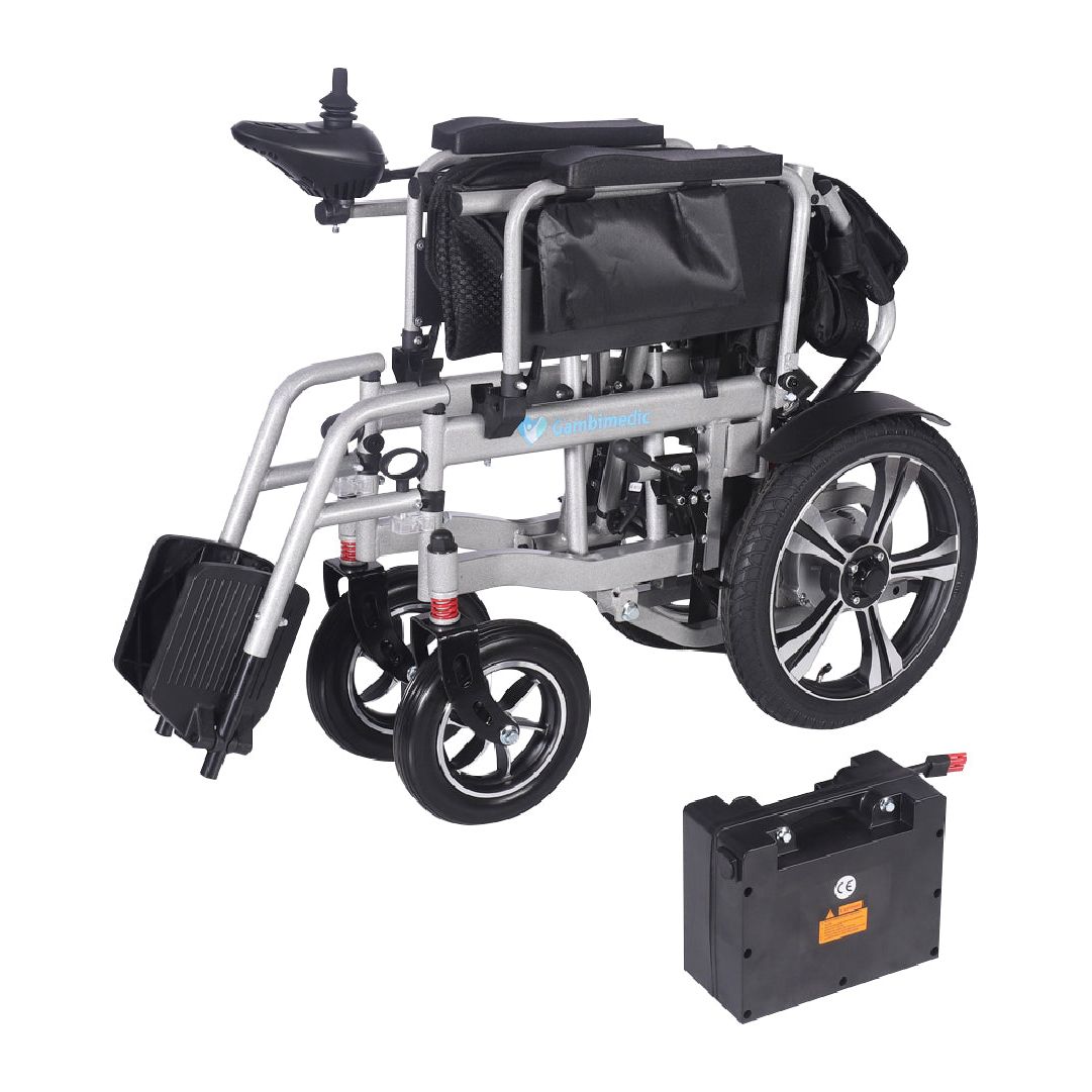 Gambimedic Silla De Ruedas Electrica Todoterreno Acero 37kg Llantas 16" Pulgadas (40cm) Neumaticas Exteriores Plegable Mod.gm601 Soporta 100kg 2 Motores 250w Bateria Acido Plomo Sellada 24v12ah-288kw