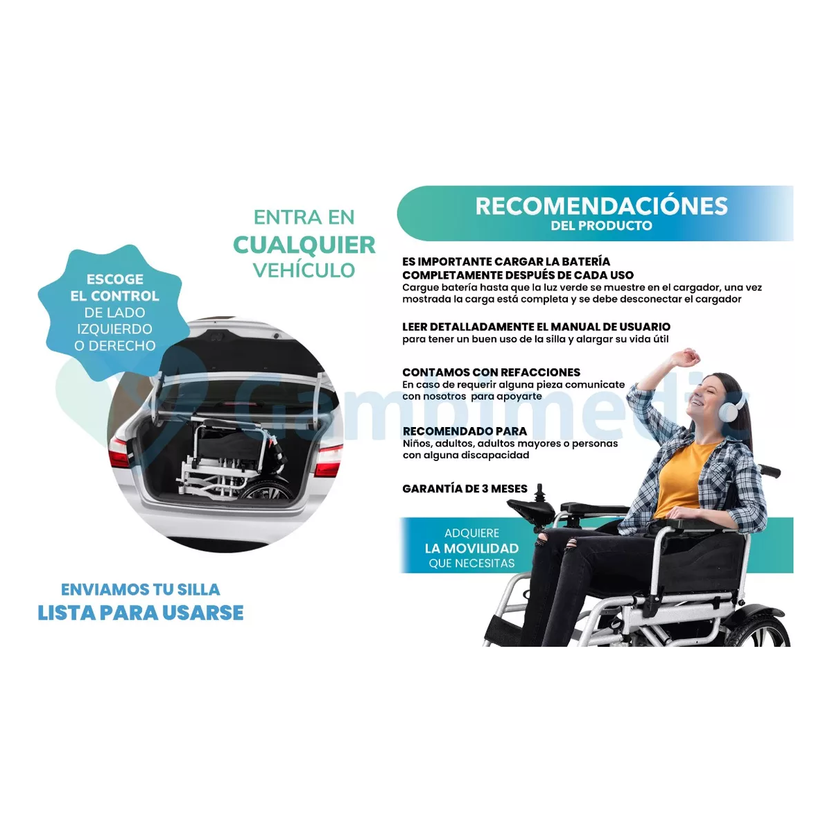 Silla De Ruedas Electrica Gambimedic Modelo GM101 Todoterreno Llanta Neumatica Acero Plegable 5 Velocidades Asiento 50cm Con Colchon Soporta Hasta 110KG Meses Sin Intereses