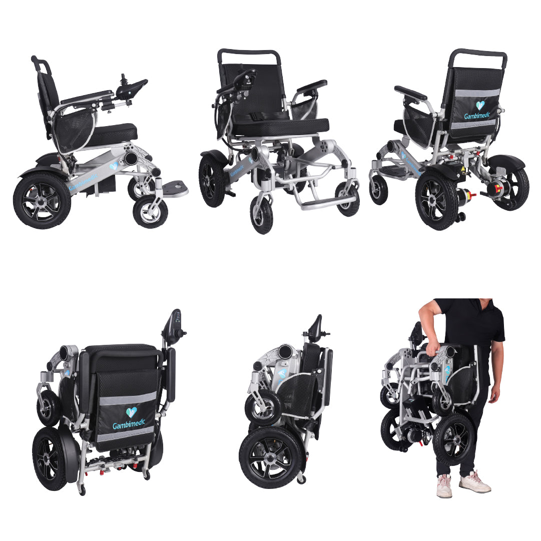 Gambimedic Silla De Ruedas Electrica Plegable Aluminio Ligero Portatil 28kg Mod. Gm7002B Soporta 100kg Llantas Neumaticas De Aire Todoterreno 4 Amortiguadores 2 Motores 250w Bateria Litio 24v12ah 288kw