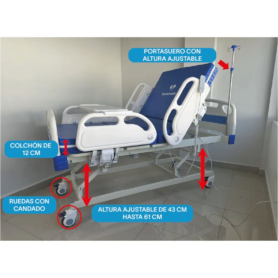 Gambimedic Cama Hospital Electrica 4 Posiciones Elevacion Espalda y Pies y Altura Ajustable 43cm Hasta 61cm Incluye Colchon Portasuero Cama Enfermeria Hospitalaria Ideal Para Casa