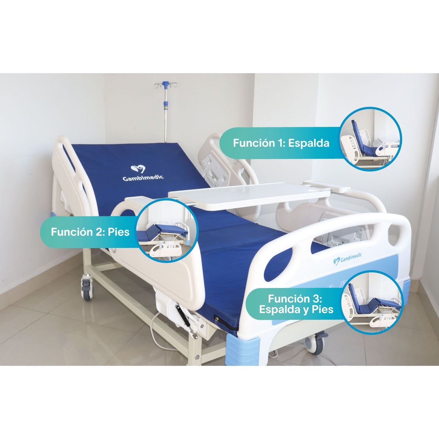 Gambimedic Cama Hospital Electrica 3 Funciones Lujo Barandales Incluye Colchon Y Portasuero Ruedas Con Freno Control Electrico
