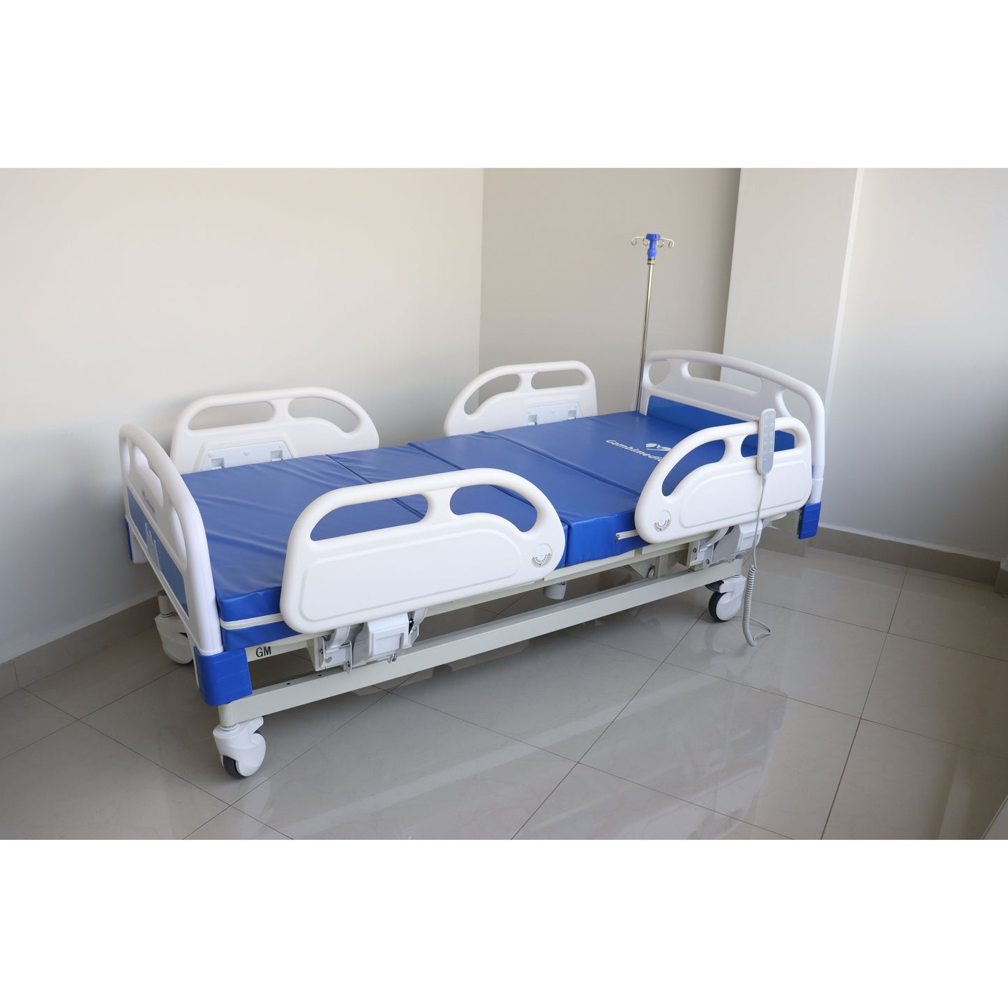 Gambimedic Cama Hospital Electrica Hospitalaria 5 Funciones Posiciones Espalda Pies Rodilla Trendelenburg Altura Ajustable 43 -64cm +12cm Colchon Ruedas Con Candado Portasuero Barandales Mod. GmEIV20