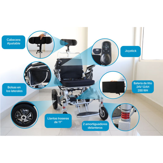 Gambimedic Silla De Ruedas Electrica 3 en 1 Reclinable Con Cabezal Plegable Aluminio Ligero Portatil 30kg Mod. Gm7003 Soporta 120kg Llantas Neumaticas De Aire Todoterreno 6 Amortiguadores 2 Motores 24v250w Bateria Litio 24v12ah 288wh