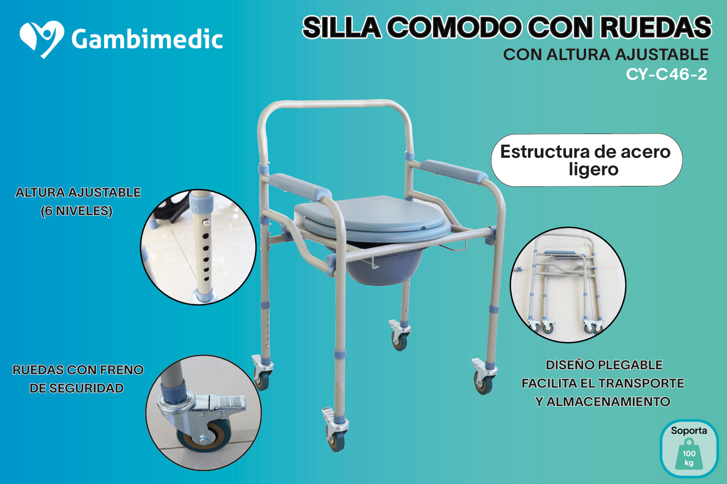 Silla De Baño Comodo Con Ruedas Plegable Discapacitado Aumento Para Baño Incluye Cubeta Removible Altura Ajustable Silla Ducha