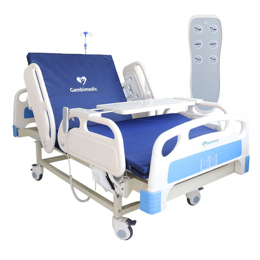 Gambimedic Cama Hospital Electrica 3 Funciones Lujo Barandales Incluye Colchon Y Portasuero Ruedas Con Freno Control Electrico