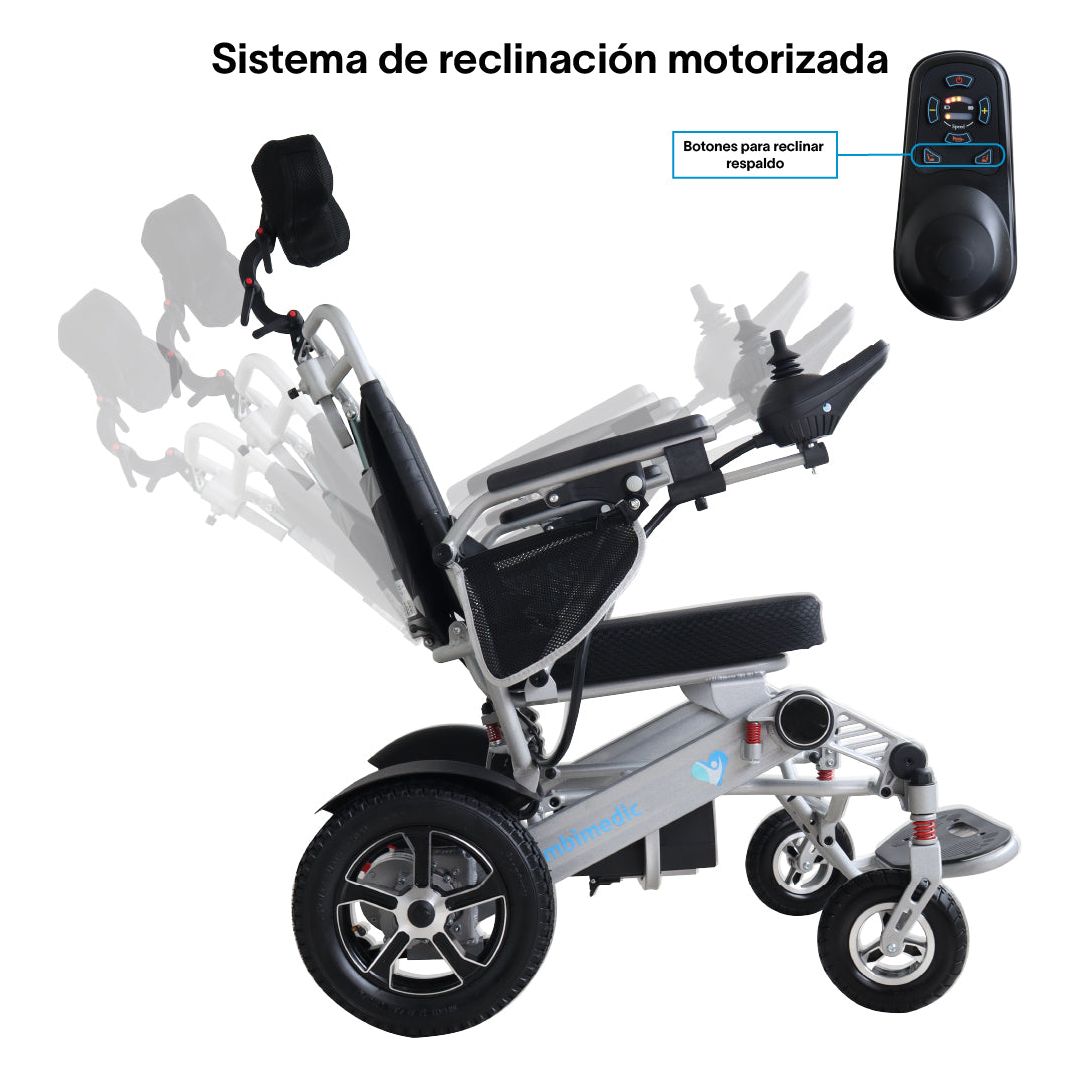 Gambimedic Silla De Ruedas Electrica 3 en 1 Reclinable Con Cabezal Plegable Aluminio Ligero Portatil 30kg Mod. Gm7003 Soporta 120kg Llantas Neumaticas De Aire Todoterreno 6 Amortiguadores 2 Motores 24v250w Bateria Litio 24v12ah 288wh