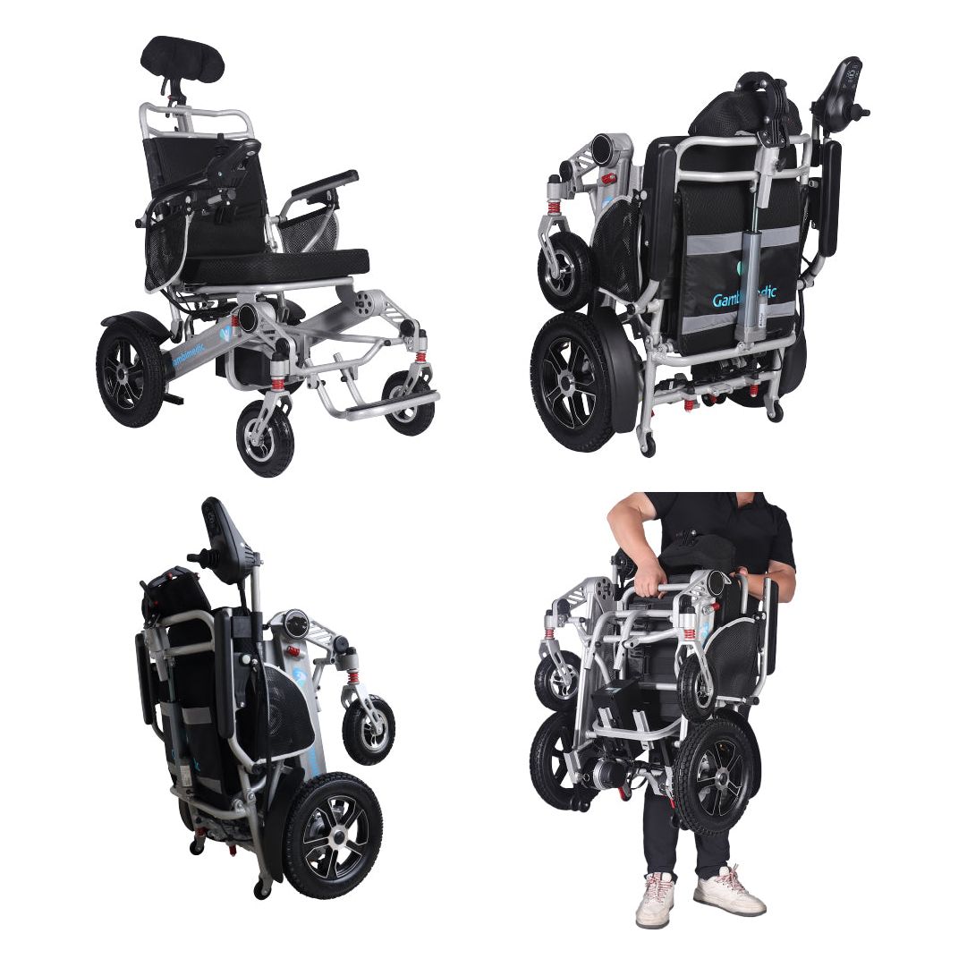 Gambimedic Silla De Ruedas Electrica 3 en 1 Reclinable Con Cabezal Plegable Aluminio Ligero Portatil 30kg Mod. Gm7003 Soporta 120kg Llantas Neumaticas De Aire Todoterreno 6 Amortiguadores 2 Motores 24v250w Bateria Litio 24v12ah 288wh