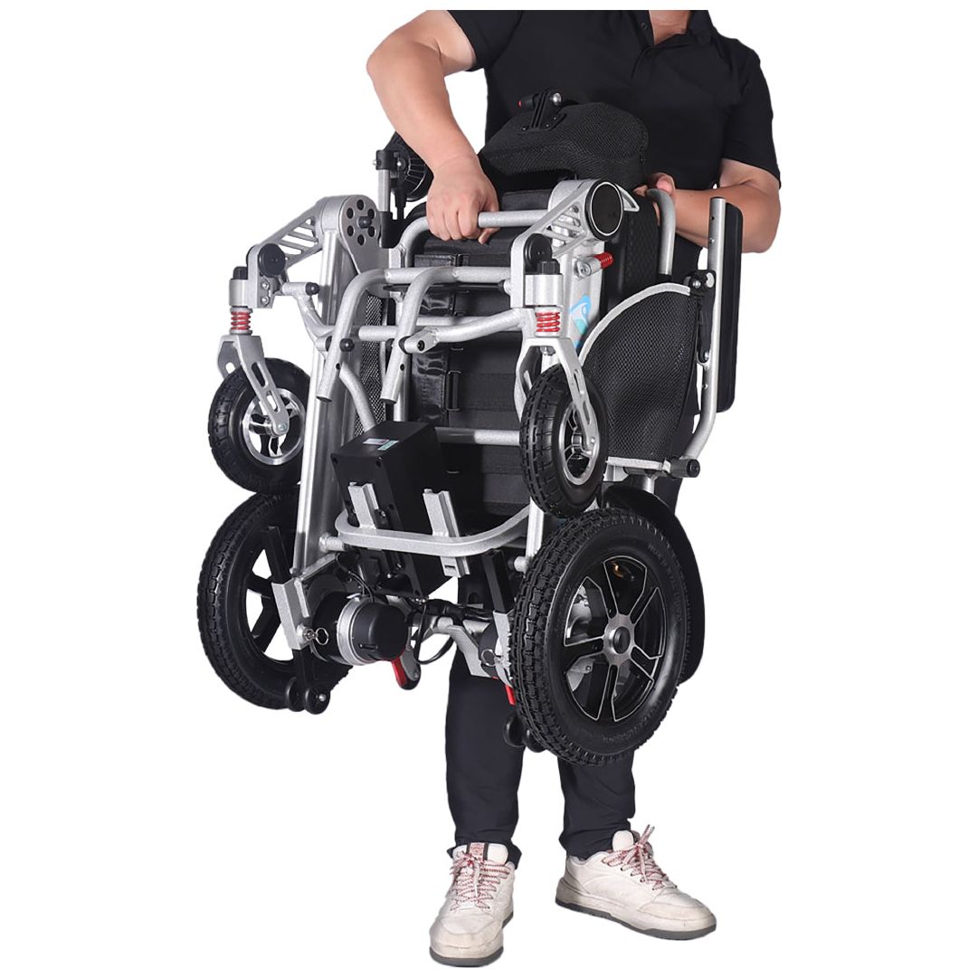 Gambimedic Silla De Ruedas Electrica 3 en 1 Reclinable Con Cabezal Plegable Aluminio Ligero Portatil 30kg Mod. Gm7003 Soporta 120kg Llantas Neumaticas De Aire Todoterreno 6 Amortiguadores 2 Motores 24v250w Bateria Litio 24v12ah 288wh