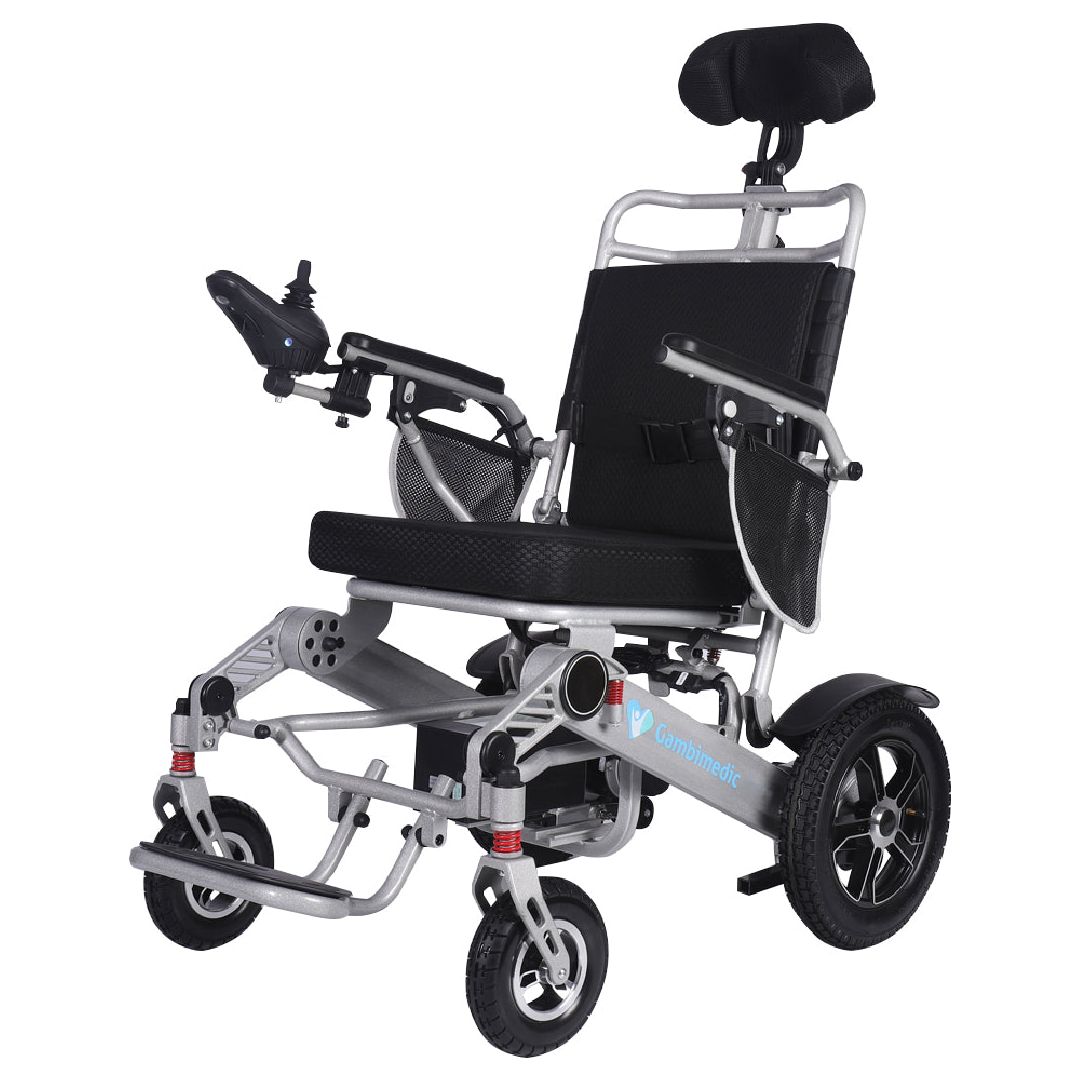 Gambimedic Silla De Ruedas Electrica 3 en 1 Reclinable Con Cabezal Plegable Aluminio Ligero Portatil 30kg Mod. Gm7003 Soporta 120kg Llantas Neumaticas De Aire Todoterreno 6 Amortiguadores 2 Motores 24v250w Bateria Litio 24v12ah 288wh