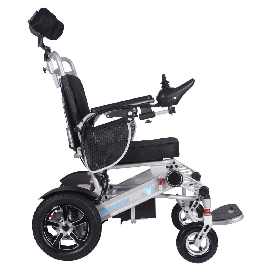 Gambimedic Silla De Ruedas Electrica 3 en 1 Reclinable Con Cabezal Plegable Aluminio Ligero Portatil 30kg Mod. Gm7003 Soporta 120kg Llantas Neumaticas De Aire Todoterreno 6 Amortiguadores 2 Motores 24v250w Bateria Litio 24v12ah 288wh