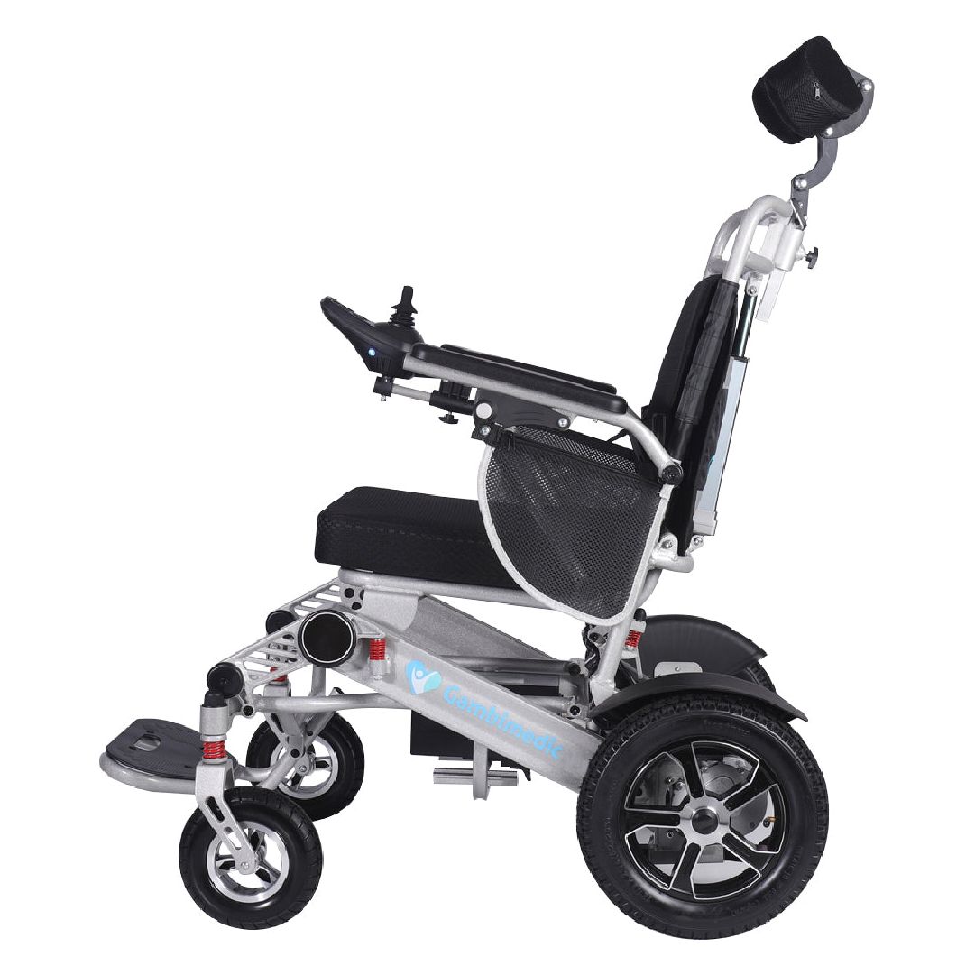 Gambimedic Silla De Ruedas Electrica 3 en 1 Reclinable Con Cabezal Plegable Aluminio Ligero Portatil 30kg Mod. Gm7003 Soporta 120kg Llantas Neumaticas De Aire Todoterreno 6 Amortiguadores 2 Motores 24v250w Bateria Litio 24v12ah 288wh