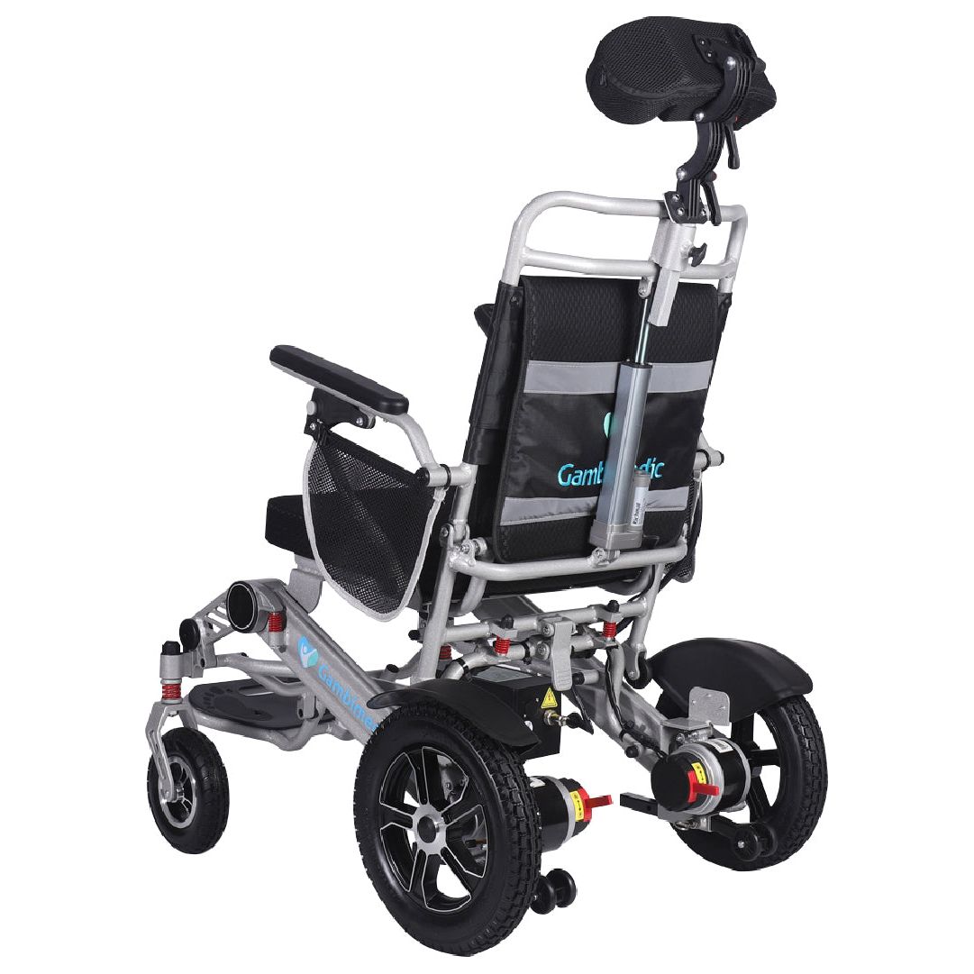 Gambimedic Silla De Ruedas Electrica 3 en 1 Reclinable Con Cabezal Plegable Aluminio Ligero Portatil 30kg Mod. Gm7003 Soporta 120kg Llantas Neumaticas De Aire Todoterreno 6 Amortiguadores 2 Motores 24v250w Bateria Litio 24v12ah 288wh
