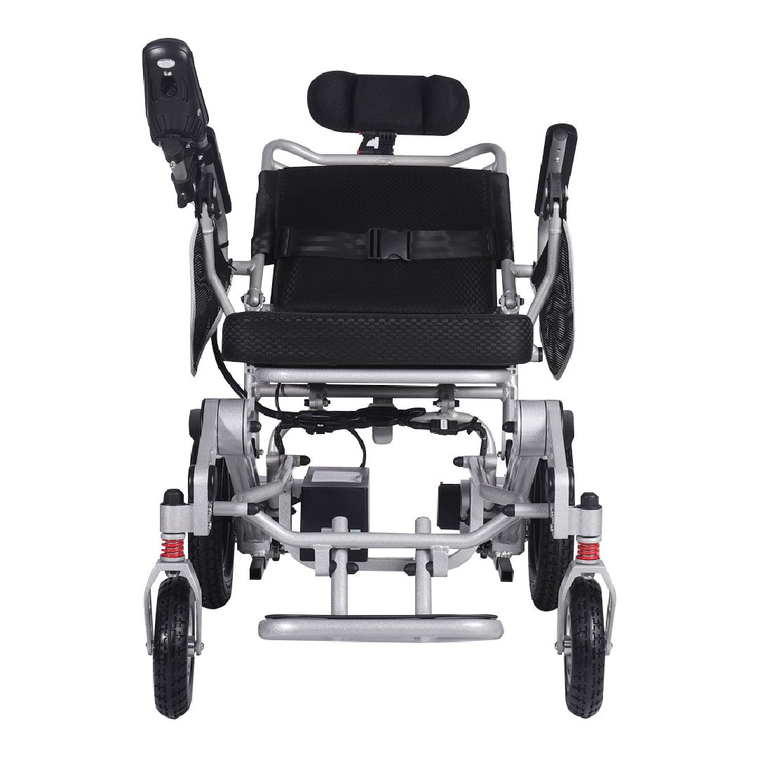 Gambimedic Silla De Ruedas Electrica 3 en 1 Reclinable Con Cabezal Plegable Aluminio Ligero Portatil 30kg Mod. Gm7003 Soporta 120kg Llantas Neumaticas De Aire Todoterreno 6 Amortiguadores 2 Motores 24v250w Bateria Litio 24v12ah 288wh