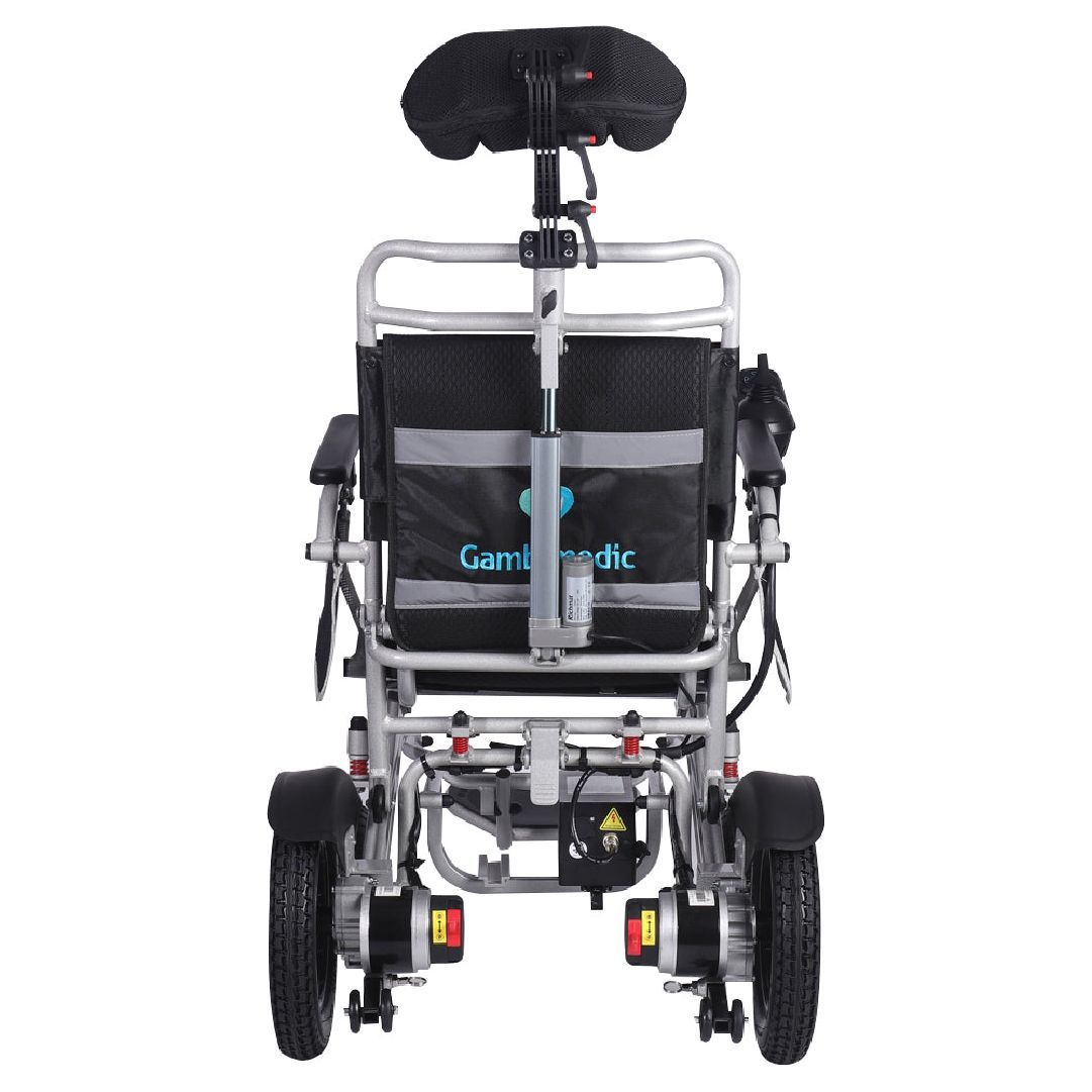 Gambimedic Silla De Ruedas Electrica 3 en 1 Reclinable Con Cabezal Plegable Aluminio Ligero Portatil 30kg Mod. Gm7003 Soporta 120kg Llantas Neumaticas De Aire Todoterreno 6 Amortiguadores 2 Motores 24v250w Bateria Litio 24v12ah 288wh