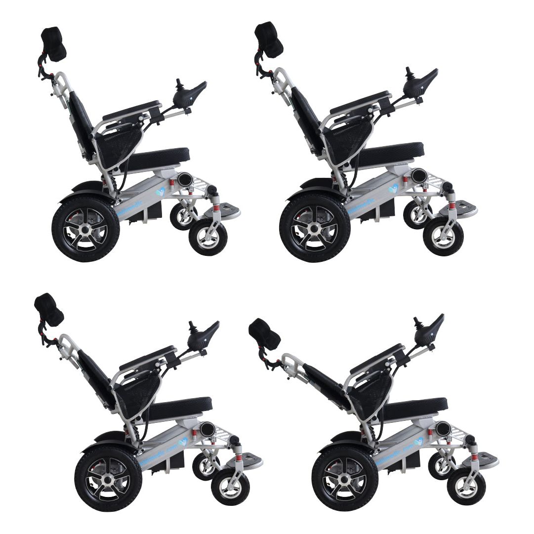 Gambimedic Silla De Ruedas Electrica 3 en 1 Reclinable Con Cabezal Plegable Aluminio Ligero Portatil 30kg Mod. Gm7003 Soporta 120kg Llantas Neumaticas De Aire Todoterreno 6 Amortiguadores 2 Motores 24v250w Bateria Litio 24v12ah 288wh