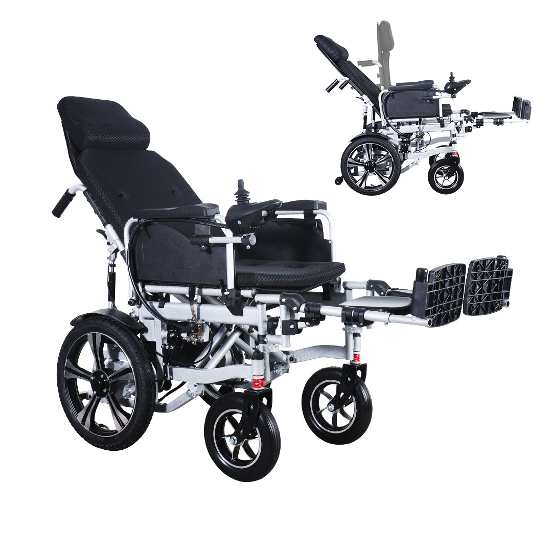Gambimedic Silla de Ruedas Eléctrica Todoterreno 4 en 1 Reclinable Eleva piernas Modo Eléctrico y Manual Gm6006 Acero Llantas Neumáticas Aire Soporta140kg Batería 24v12ah Acido Plomo 2 Motores 24v*250w