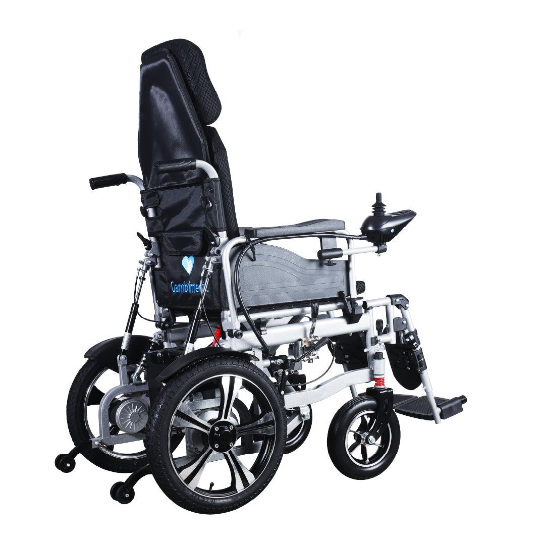 Gambimedic Silla de Ruedas Eléctrica Todoterreno 4 en 1 Reclinable Eleva piernas Modo Eléctrico y Manual Gm6006 Acero Llantas Neumáticas Aire Soporta140kg Batería 24v12ah Acido Plomo 2 Motores 24v*250w