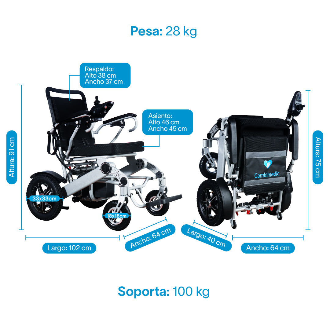 Silla De Ruedas Electrica Plegable Aluminio 28KG Ligera Portatil Mod. Gm7002 Dos Motores 250w Bateria Litio 24v13ah 312wh Llantas Neumaticas De Aire Todoterreno 4 Amortiguadores Soporta 120kg