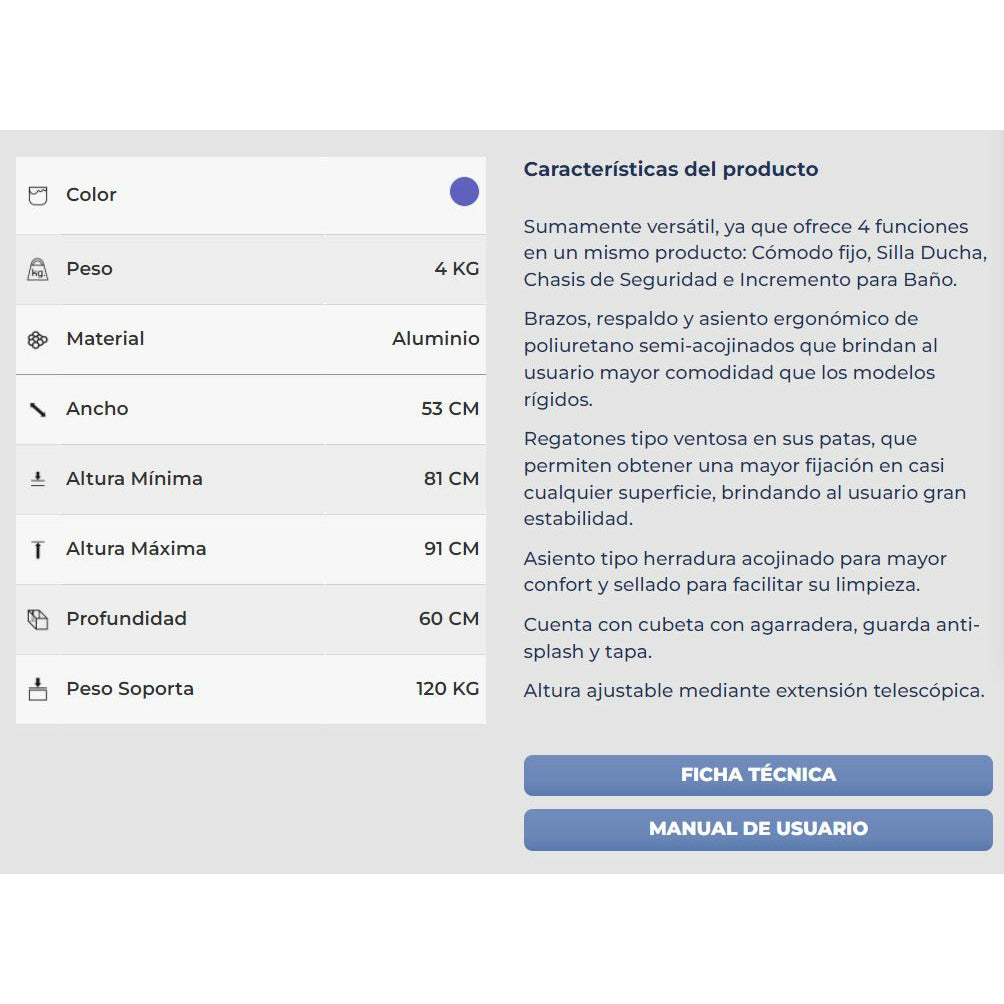 Silla De Baño Comodo 4 En 1 Silla Ducha Incremento Chasis Soporta Hasta 150KG