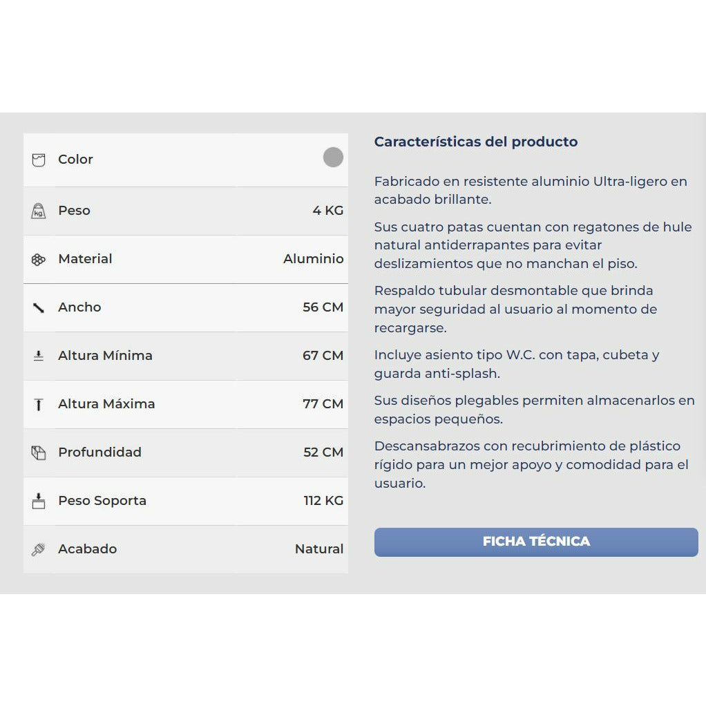 Silla De Baño Comodo Aluminio Con Respaldo Altura Ajustable