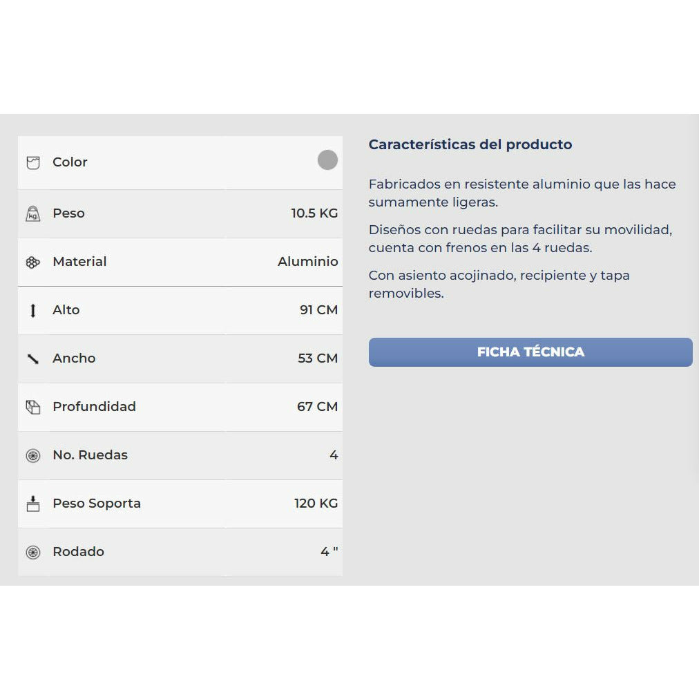 Silla Comodo Ducha Aluminio 4 Ruedas Con Freno 120kg