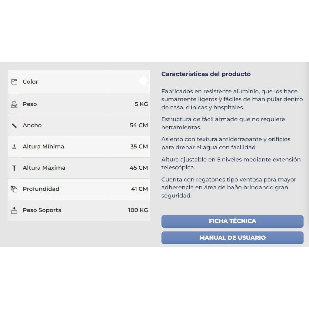 Banco para Ducha de Aluminio con Respaldo Desarmable Banco y Silla