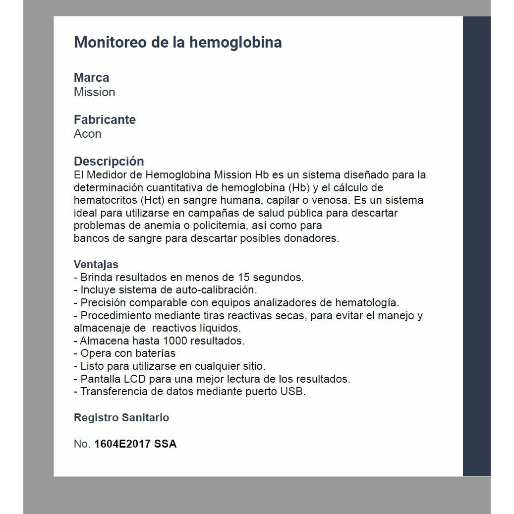 Medidor Monitor Hemoglobina Mission Hb Hematocritos Portatil