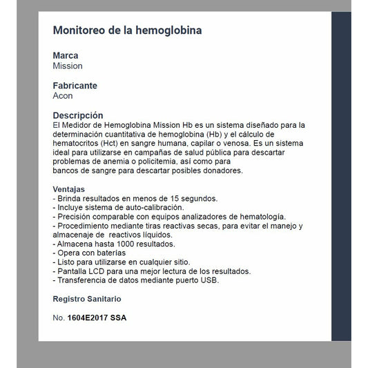 Medidor Monitor Hemoglobina Mission Hb Hematocritos Portatil