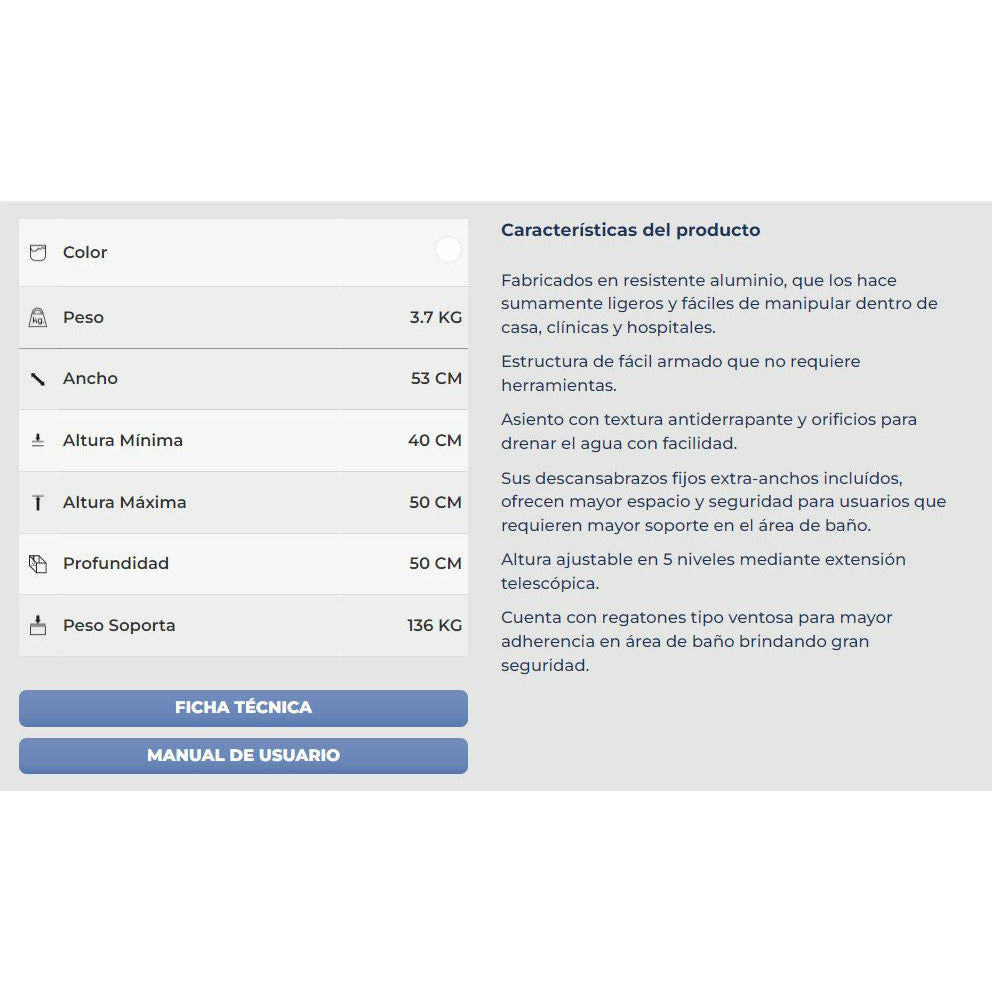 Silla De Ducha Baño Bariatrica Comoda Respaldo Y Brazos Ajustable