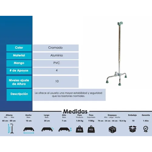 Baston 4 Patas Lujo Ajustable Aluminio Base Grande 4 Apoyos