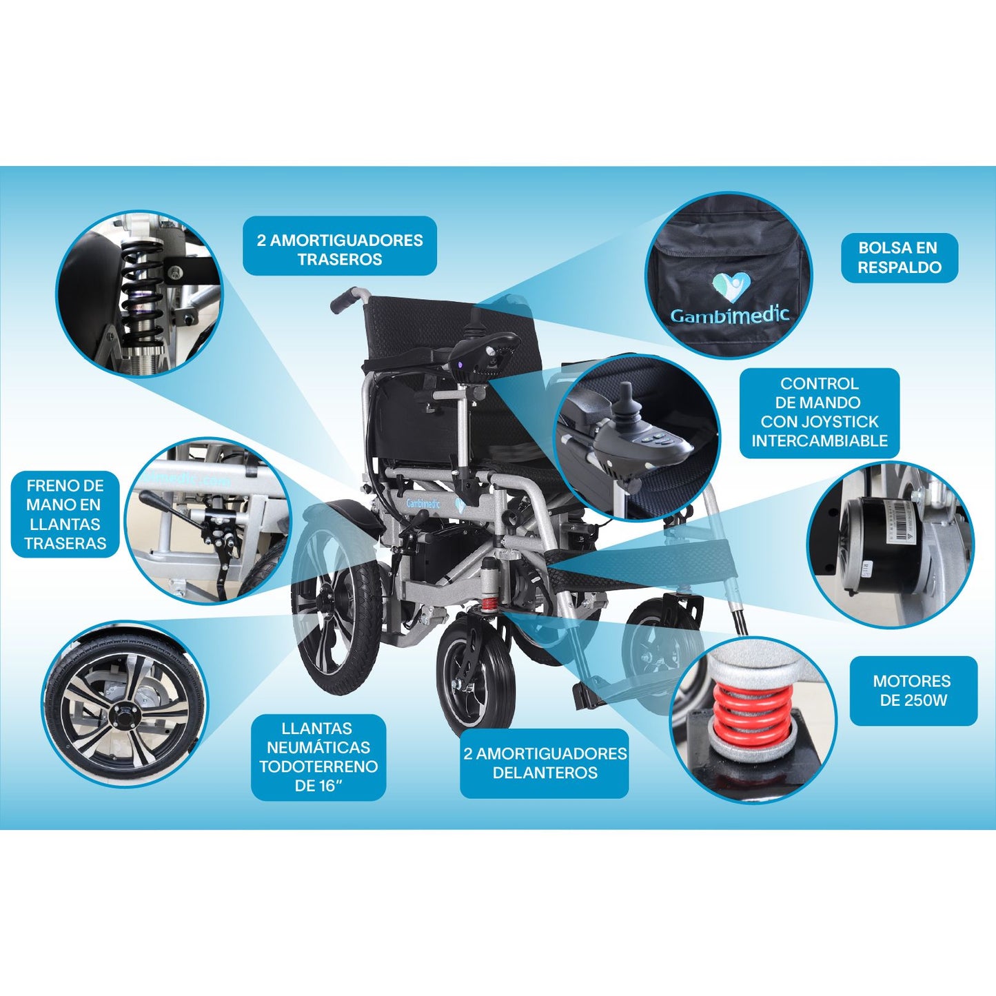Gambimedic Silla De Ruedas Electrica Todoterreno Acero Llantas Neumaticas Exteriores Plegable Amortiguadores Mod.gm601 Soporta 120kg 2 Motores 250w Bateria Acido Plomo Sellada Control Izq o Der