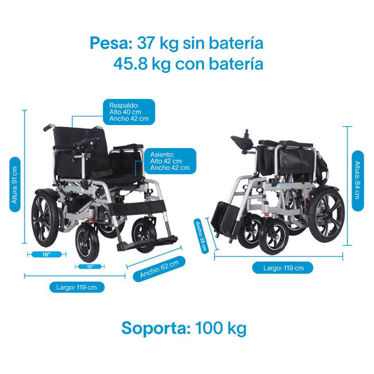Gambimedic Silla De Ruedas Electrica Todoterreno Acero 37kg Llantas 16" Pulgadas (40cm) Neumaticas Exteriores Plegable Mod.gm601 Soporta 100kg 2 Motores 250w Bateria Acido Plomo Sellada 24v12ah-288kw
