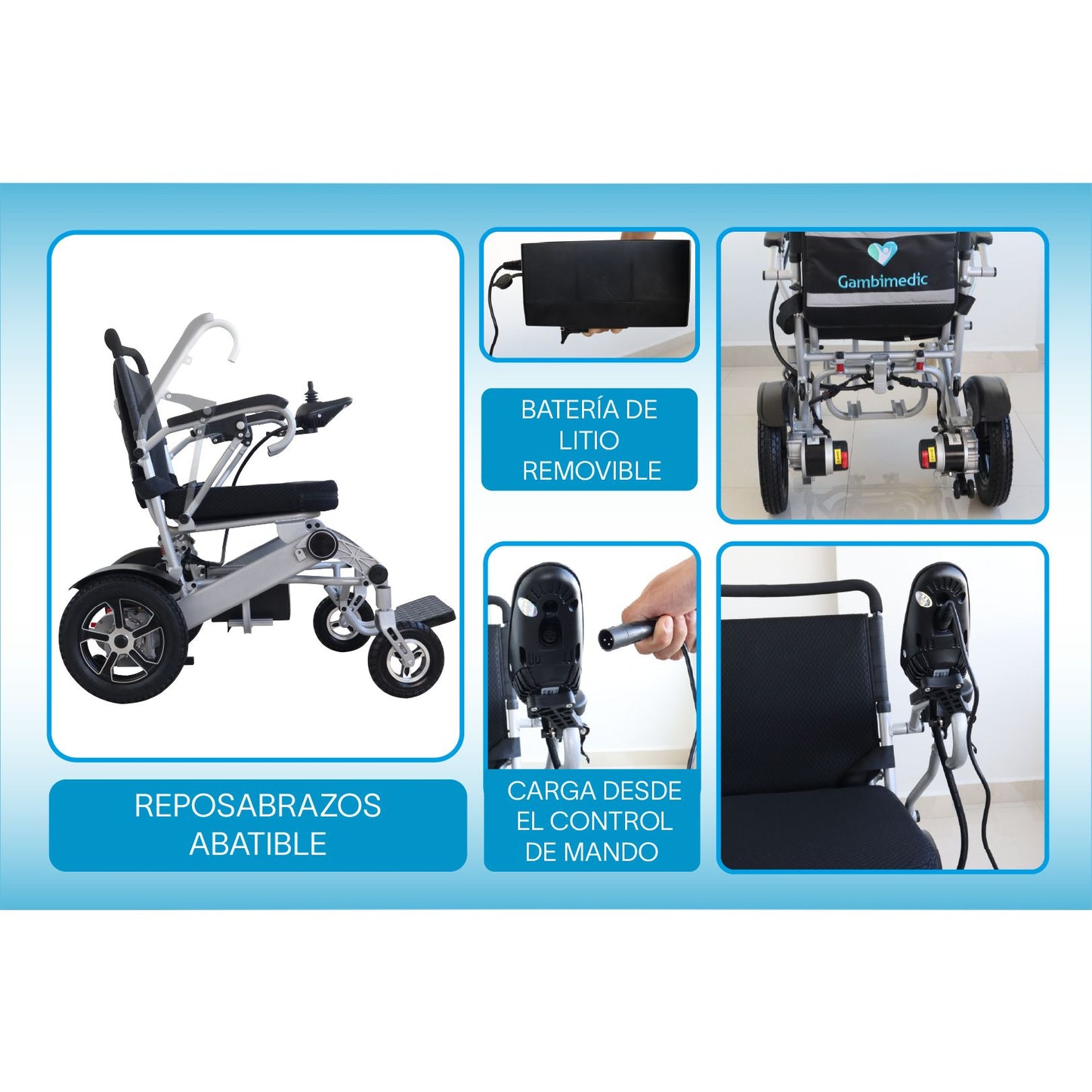 Gambimedic Silla De Ruedas Electrica Plegable Aluminio Ligero Portatil 28kg Mod. Gm7002 Soporta 120kg Llantas Neumaticas De Aire Todoterreno 4 Amortiguadores Bateria Litio Permitida en Avion