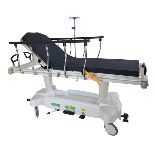 Gambimedic Camilla Traslado Radiotransparente Recuperacion Hospitalaria Hidráulica Altura Ajustable Pedal 5 Posiciones Soporta 250kg Colchon Barandales Portasuero Fowler Respaldo 0-75°Trendelemburg15°