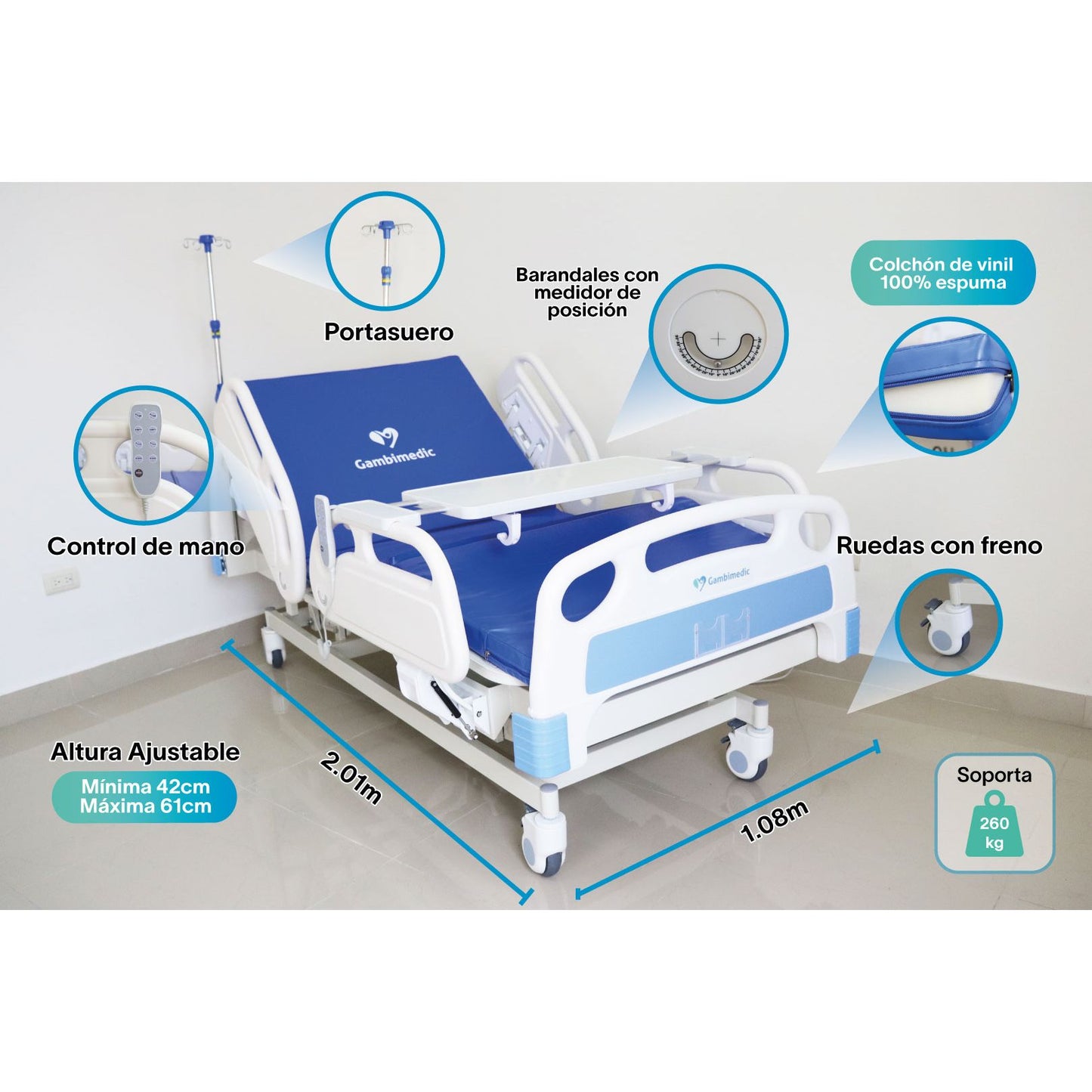Gambimedic Cama Hospital Electrica 3 Motores 4  Funciones Elevacion Espalda y Pies y Altura Ajustable 43cm Hasta 61cm Incluye Colchon Portasuero Cama Enfermeria Hospitalaria Ideal Para Casa