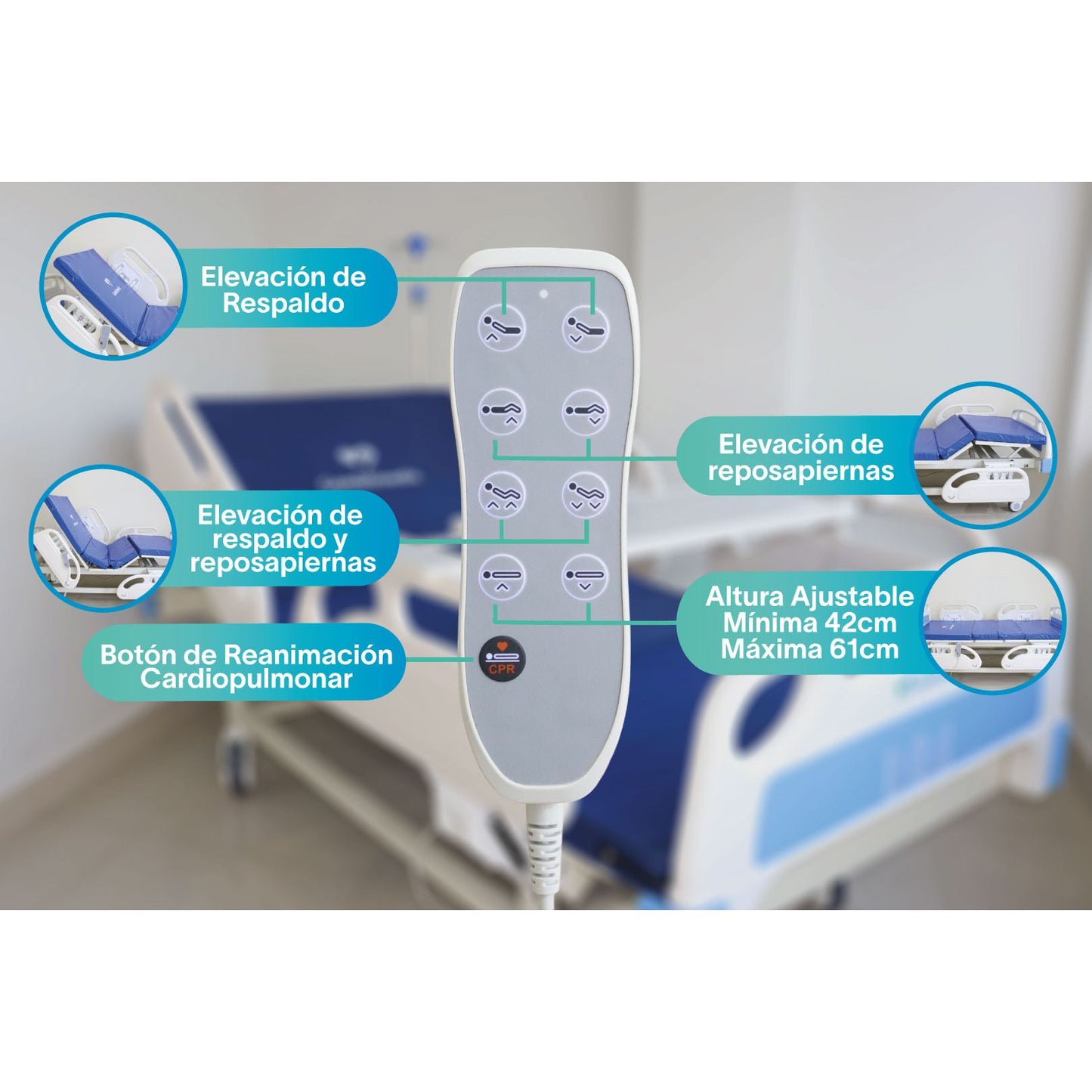 Gambimedic Cama Hospital Electrica 3 Motores 4  Funciones Elevacion Espalda y Pies y Altura Ajustable 43cm Hasta 61cm Incluye Colchon Portasuero Cama Enfermeria Hospitalaria Ideal Para Casa
