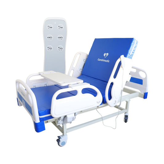 Gambimedic Cama Hospital Electrica 3 Funciones Lujo Barandales Incluye Colchon Y Portasuero Ruedas Con Freno Control Electrico