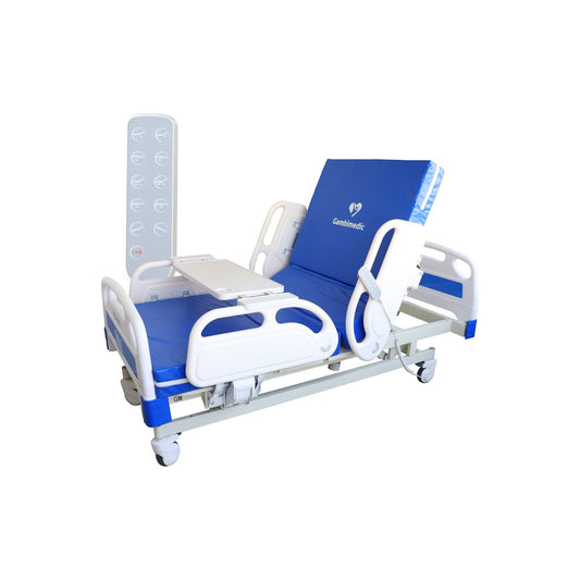 Gambimedic Cama Hospital Electrica Hospitalaria 5 Funciones Posiciones Espalda Pies Rodilla Trendelenburg Altura Ajustable 43 -64cm +12cm Colchon Ruedas Con Candado Portasuero Barandales Mod. GmEIV20