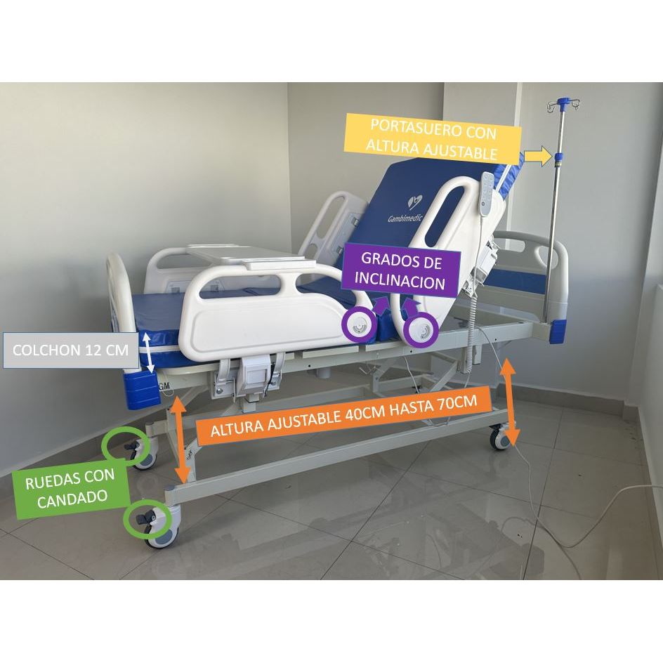 Gambimedic Cama Hospital Electrica 3 Funciones Posiciones Elevacion Espalda y Pies y Altura Ajustable 43cm Hasta 71cm Incluye Colchon Portasuero Cama Enfermeria Hospitalaria Ideal Para Casa