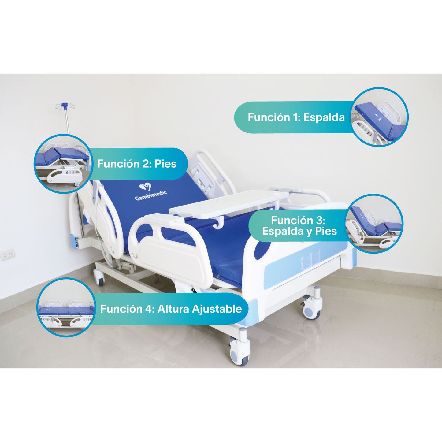 Gambimedic Cama Hospital Electrica 3 Motores 4  Funciones Elevacion Espalda y Pies y Altura Ajustable 43cm Hasta 61cm Incluye Colchon Portasuero Cama Enfermeria Hospitalaria Ideal Para Casa