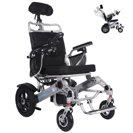 Gambimedic Silla De Ruedas Electrica 3 en 1 Reclinable Con Cabezal Plegable Aluminio Ligero Portatil 30kg Mod. Gm7003 Soporta 120kg Llantas Neumaticas De Aire Todoterreno 6 Amortiguadores 2 Motores 24v250w Bateria Litio 24v12ah 288wh