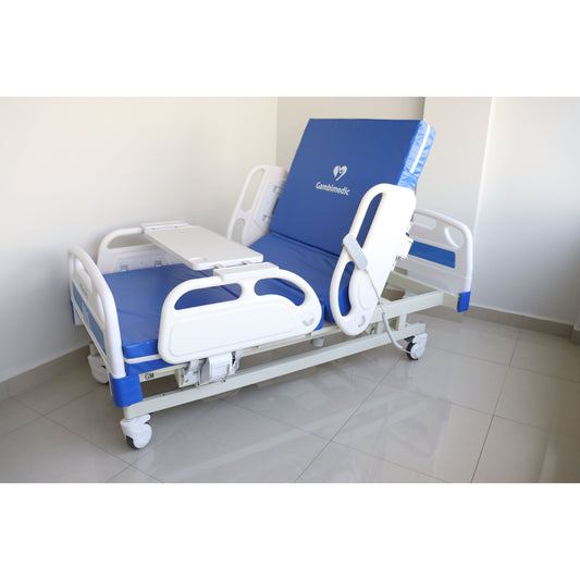 Gambimedic Cama Hospital Electrica Hospitalaria 5 Funciones Posiciones Espalda Pies Rodilla Trendelenburg Altura Ajustable 43 -64cm +12cm Colchon Ruedas Con Candado Portasuero Barandales Mod. GmEIV20