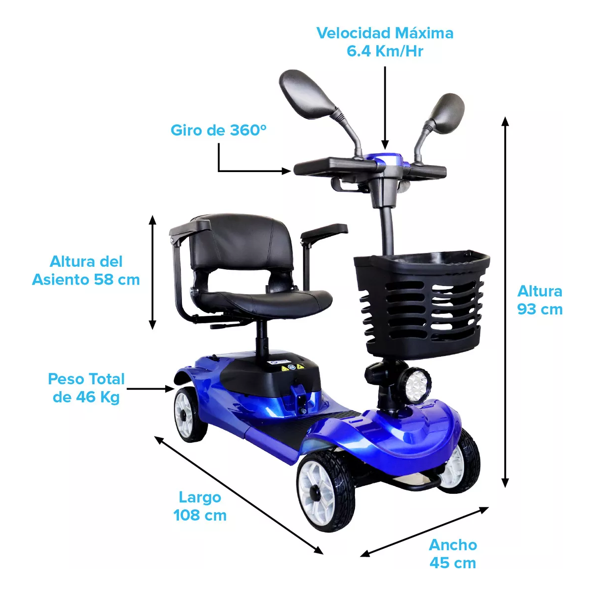 Scooter Electrico 4 Ruedas Silla de Ruedas Electrica Desarmable Soporta Hasta 150KG