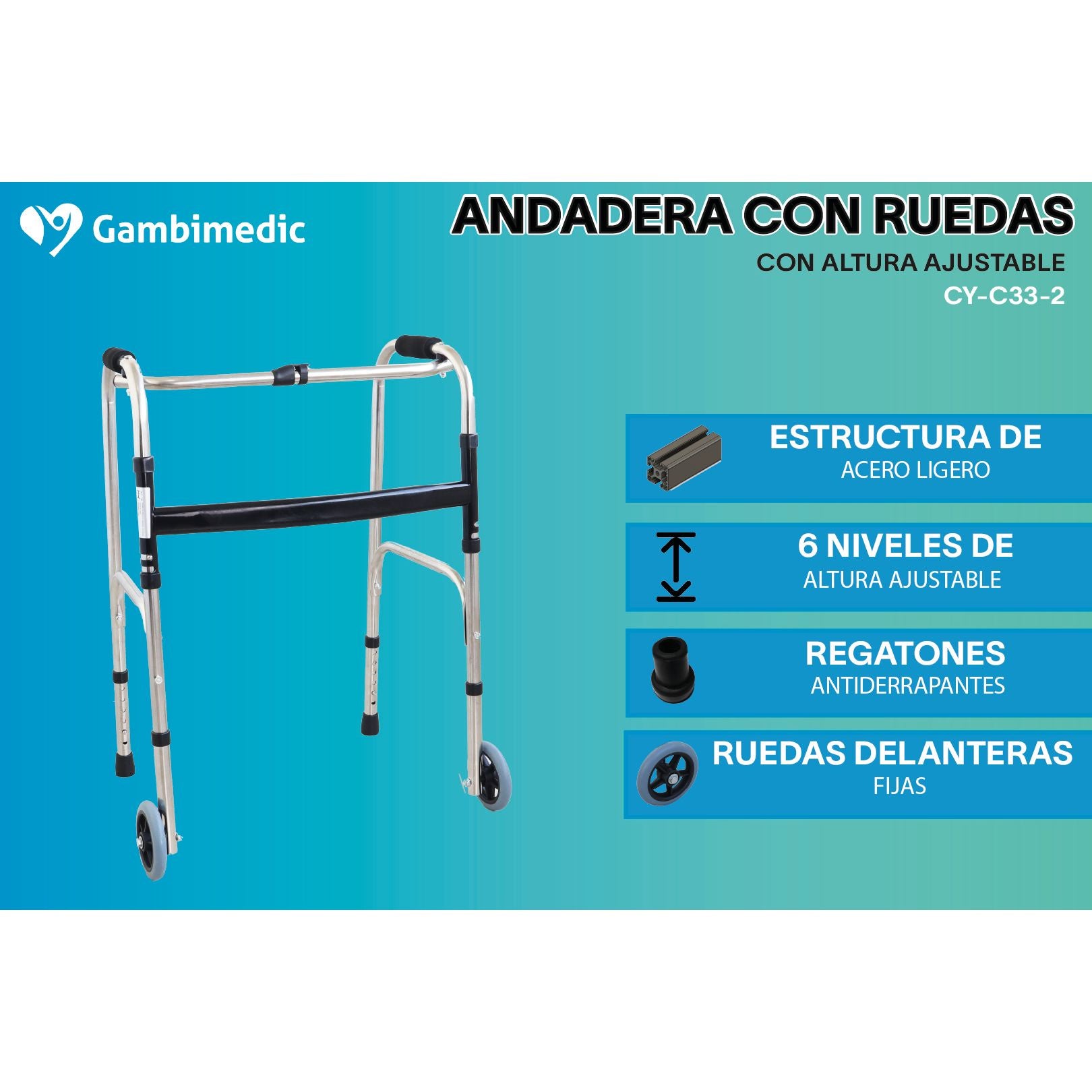Gaylor Con Ruedas Gambimedic Andadera Con Ruedas Ortopedica Caminador Plegable