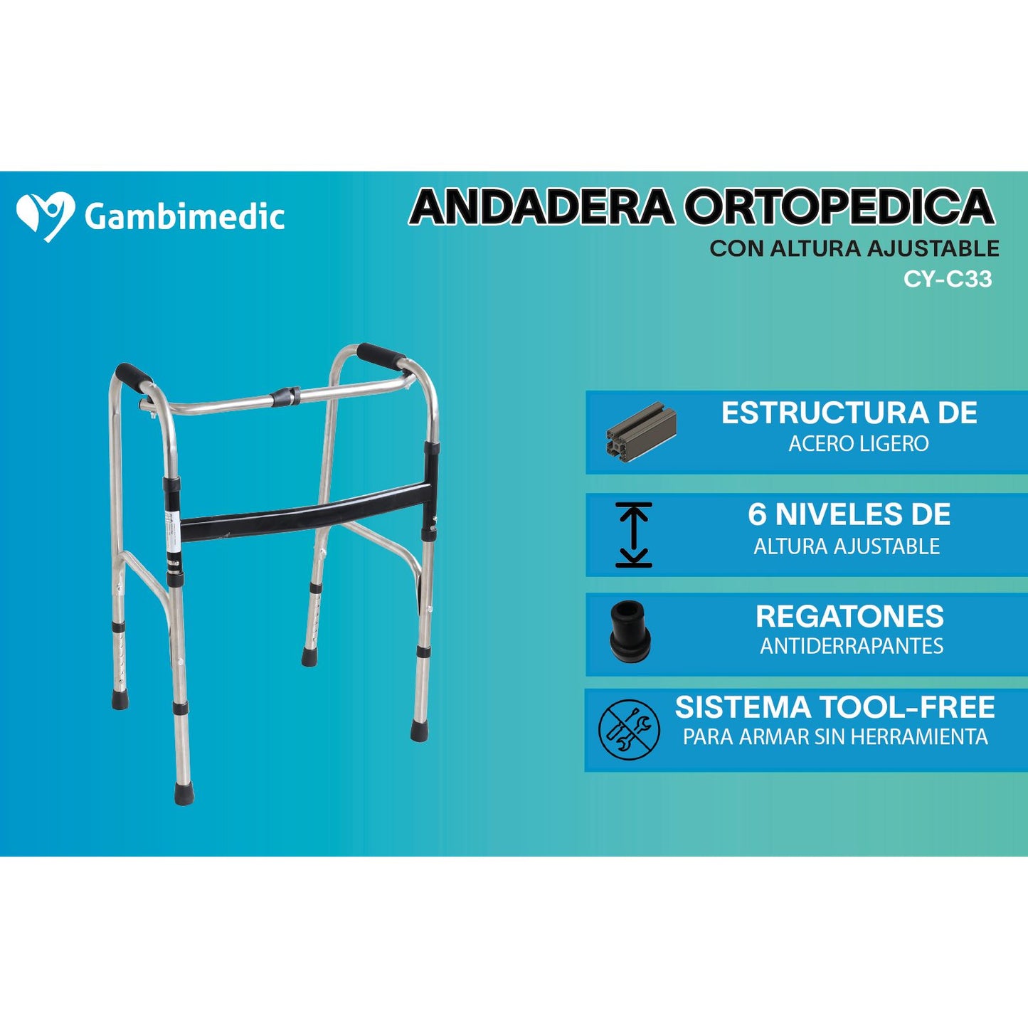 Gambimedic Andadera Ortopedica Andador Portatil Plegable Reforzada Altura Ajustable Resistente Soporta 130kg