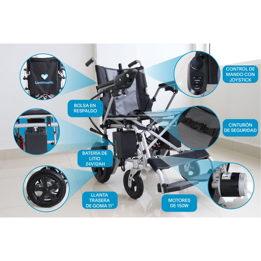 Gambimedic Silla De Ruedas Electrica Acero 28kg Mod. Gm6015 Soporta 100kg Todoterreno Permitida En Aviones Portatil Para Viaje Plegable 2 Motores 150w Bateria Acido Plomo Sellada 24v12ah De 288kwh