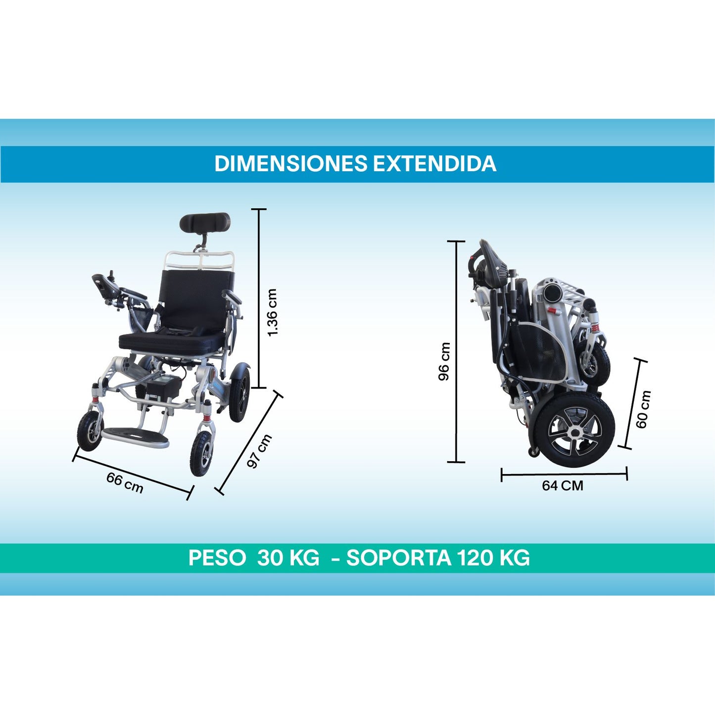 Gambimedic Silla De Ruedas Electrica 3 en 1 Reclinable Con Cabezal Plegable Aluminio Ligero Portatil 30kg Mod. Gm7003 Soporta 120kg Llantas Neumaticas De Aire Todoterreno 6 Amortiguadores 2 Motores 24v250w Bateria Litio 24v12ah 288wh