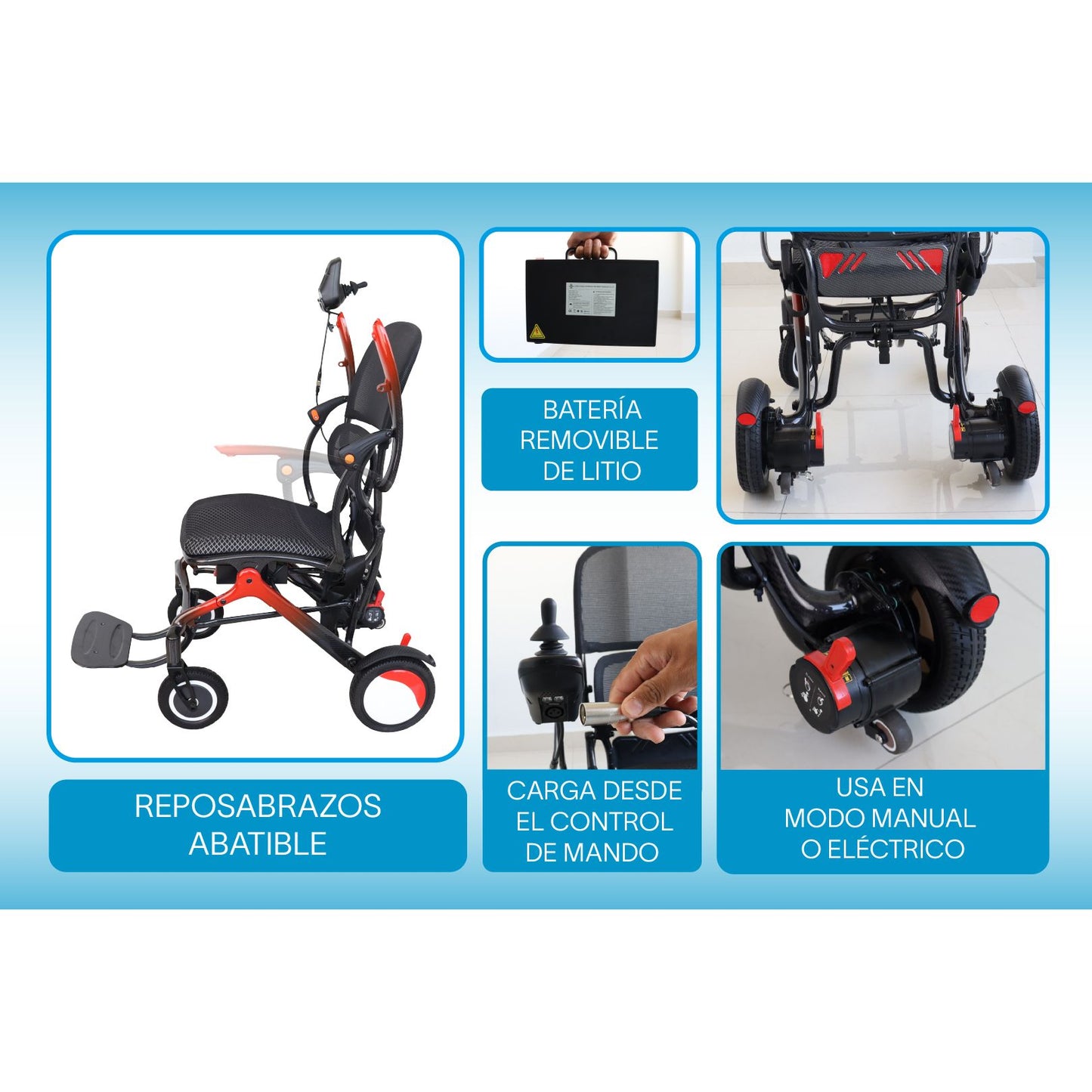 Gambimedic Silla De Ruedas Electrica Fibra Carbono Respaldo Ergonomico 14kg Ligera Compacta Gm213c Modo Manual y Electrico Soporta 136kg Bateria Litio 24v12ah288wh Llantas Todoterreno 2 Motores 220w