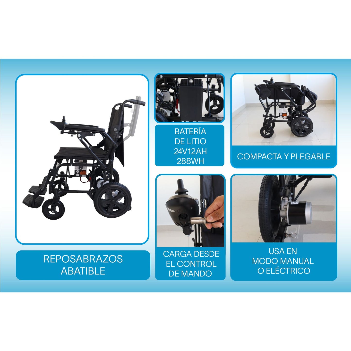 Gambimedic Silla De Ruedas Electrica Acero 22kg Mod. Gm2200 Soporta 100kg Permitida En Aviones Portatil Para Viaje Todoterreno Plegable 2 Motores 150w Bateria Litio 24v12ah De 288wh Incluye Manual