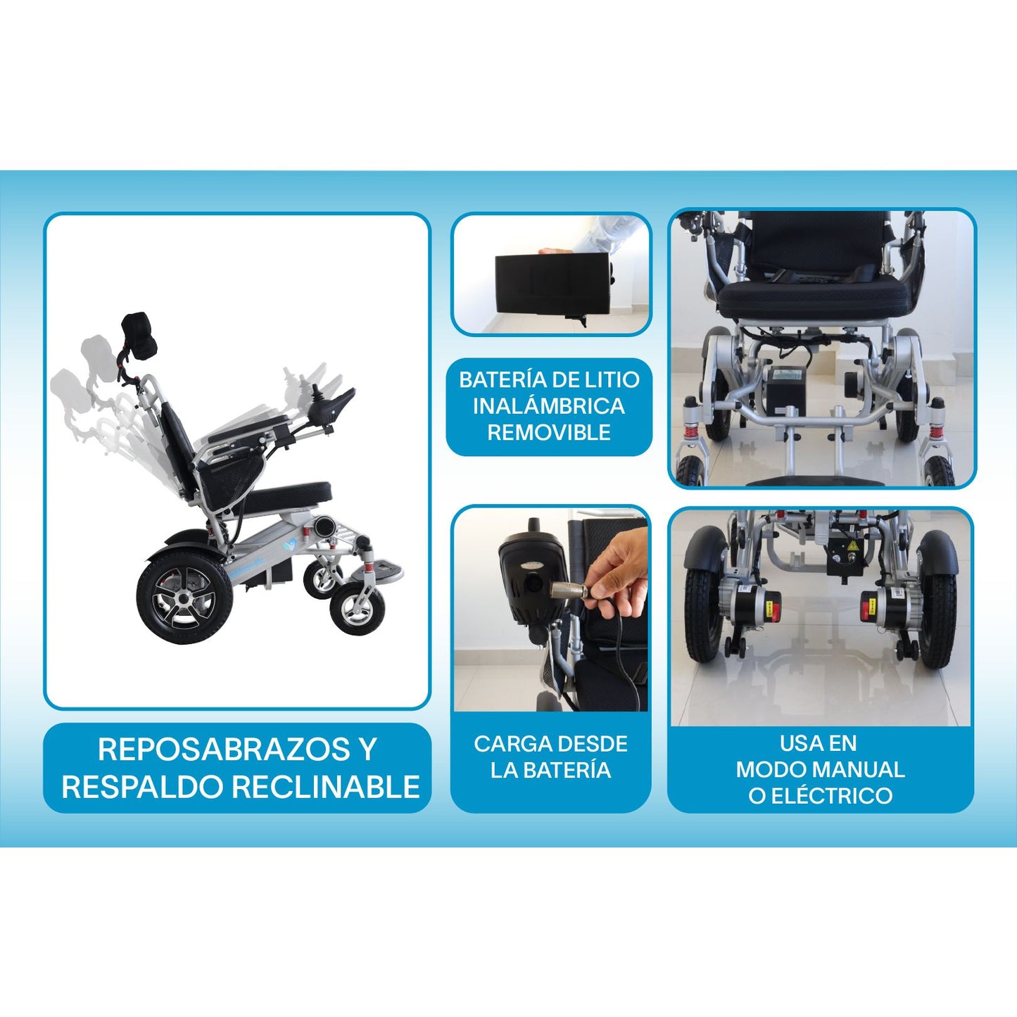 Gambimedic Silla De Ruedas Electrica 3 en 1 Reclinable Con Cabezal Plegable Aluminio Ligero Portatil 30kg Mod. Gm7003 Soporta 120kg Llantas Neumaticas De Aire Todoterreno 6 Amortiguadores 2 Motores 24v250w Bateria Litio 24v12ah 288wh